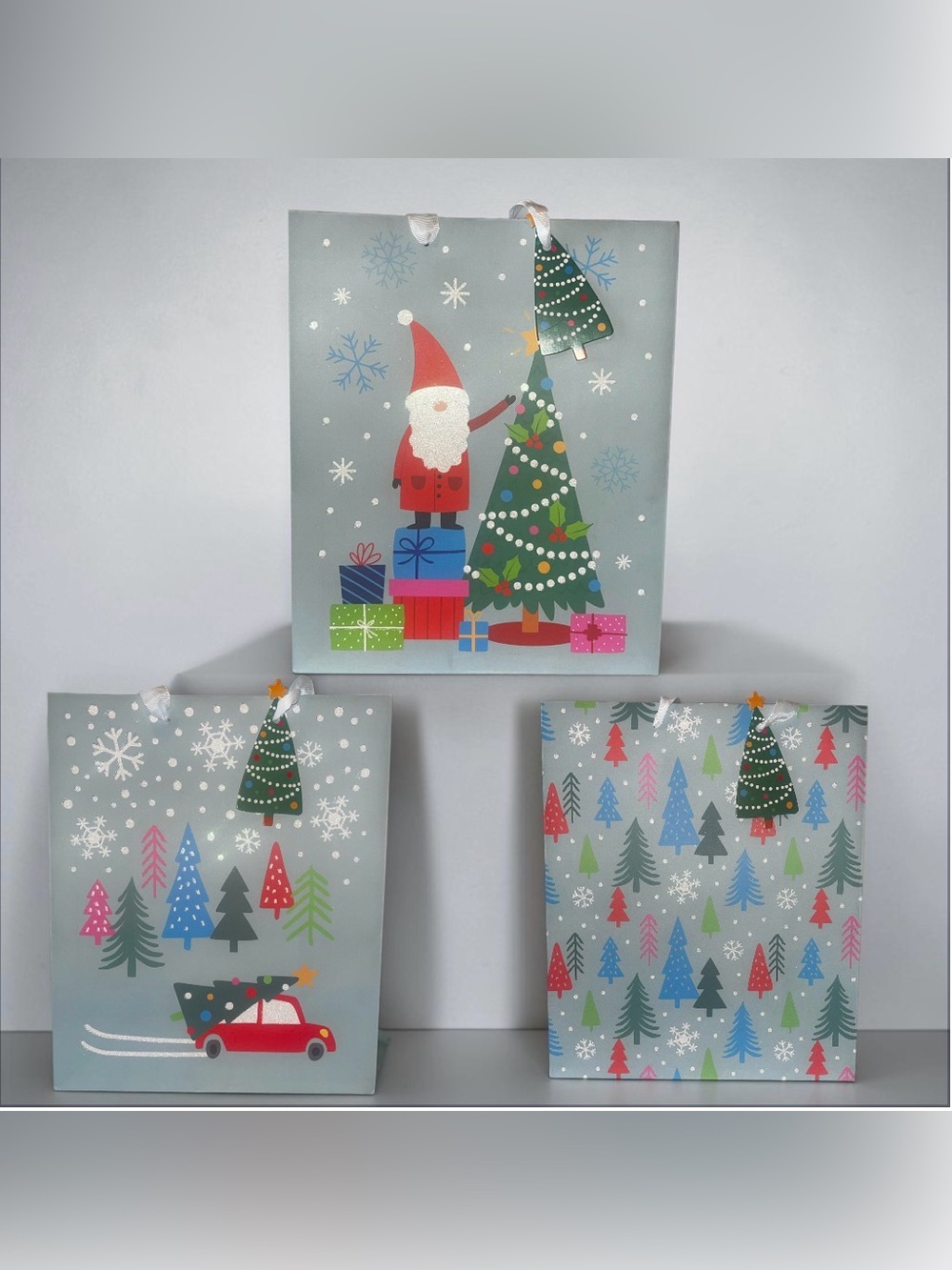 Holiday Gift Bags with Santa & Tree - Blue and Green 3 Pc Set - Picture 13 of 16